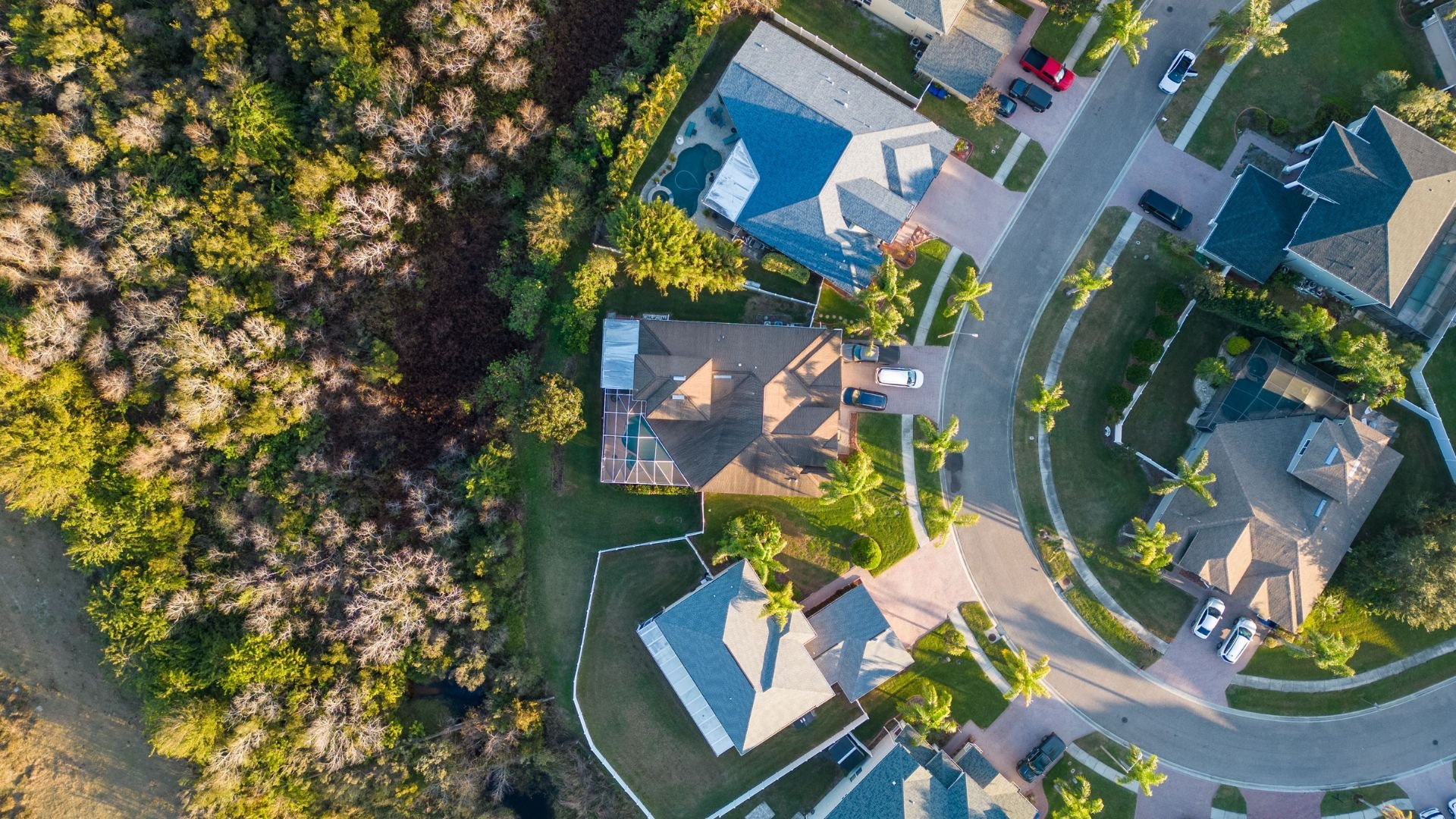 Aerial view of suburban neighborhood with houses, roads, and forest